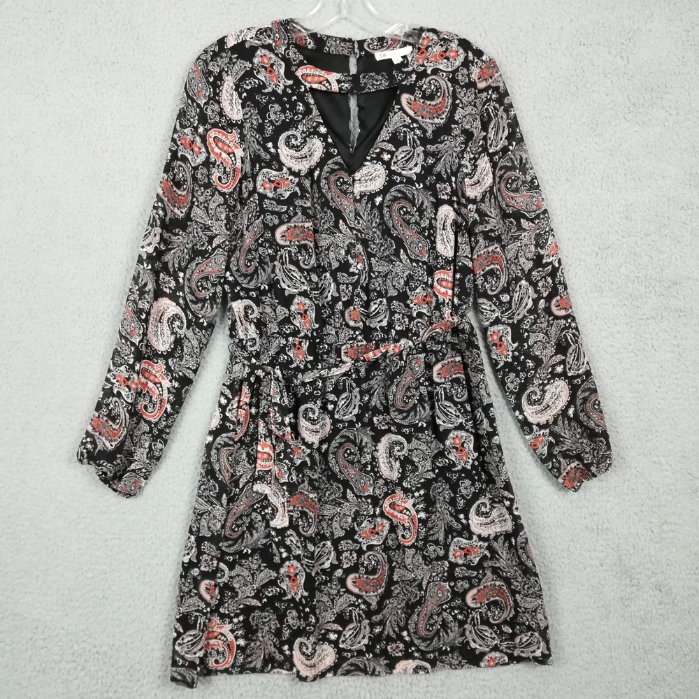 DR2 Womens Dress Mini Smocked Waist Paisley Print Keyhole Belted Black M
